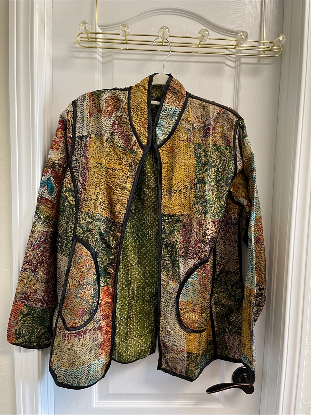 Quilted Multicolor Patchwork Jean Jacket with Black Piping